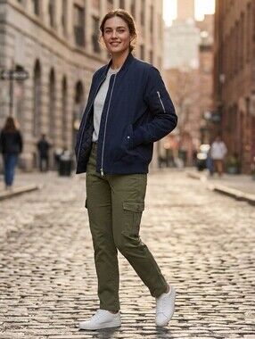 OLIVIA GREY Navy Blue Satin MA-1 Flight Bomber Jacket - Size XS